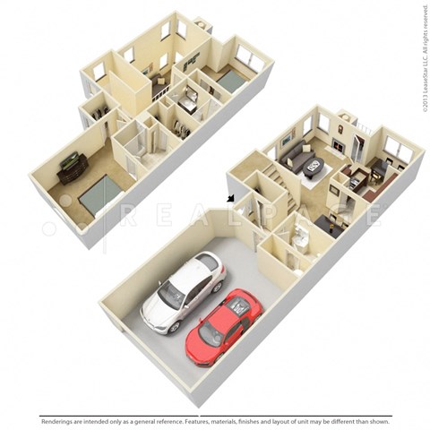 Floor plan for 2 beds, 2.5 baths, 1281 sqft